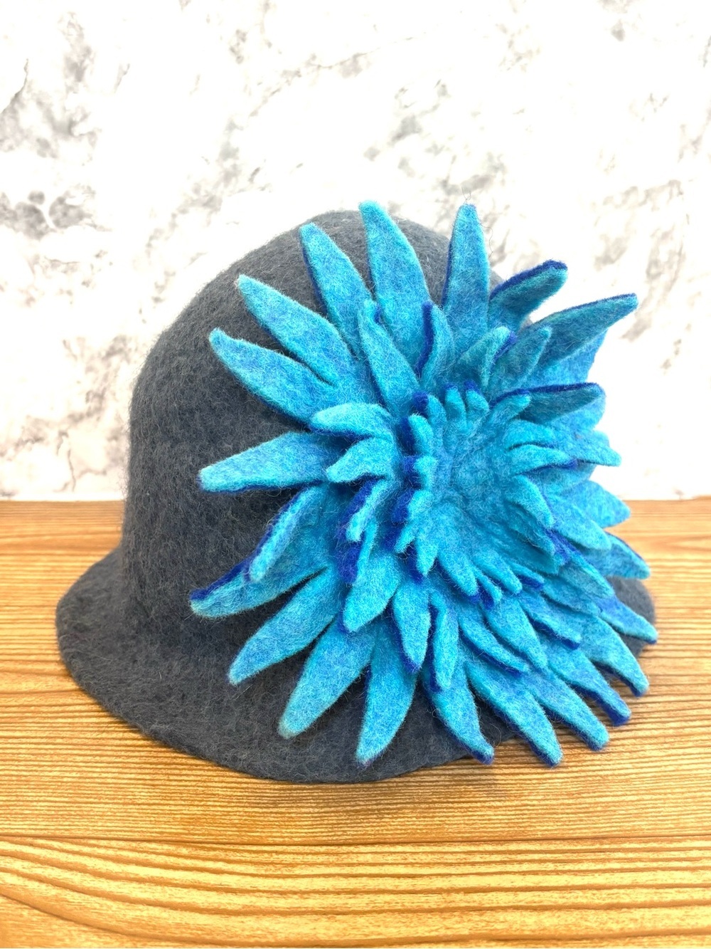 HWD Felt Flower Cloche Hat 100% Wool Nepal Gray Blue